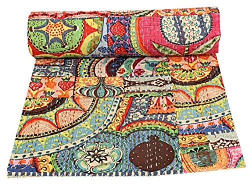 Traditional Jaipur Baumwolle Bedruckt Patchwork indische Kantha Quilt handgemachte böhmische mehrfarbige Decke Indien Tagesdecke Bettwäsche (90 x 108 Inches)