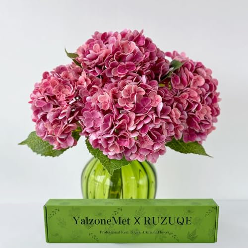 YalzoneMet Lot de 3 grandes fleurs d'hortensia artificielles roses rouges de 53,3 cm au toucher réaliste pour la maison, fête prénatale, fête, cadeaux de mariage, décoration de Noël, centre de table