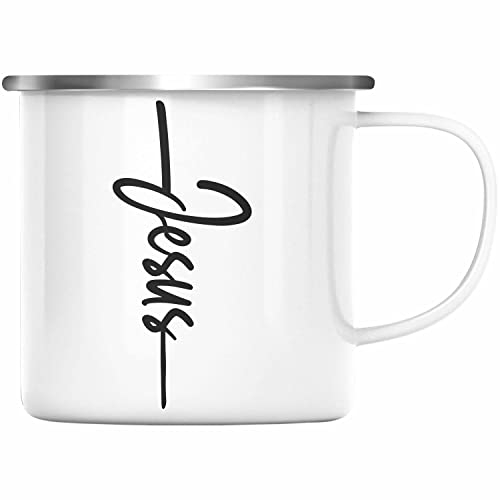 Trendation - Jesus Christus Emaille Tasse Bibel Geschenk Kreuz Glauben Kirche Christliche Geschenkidee (Silber)