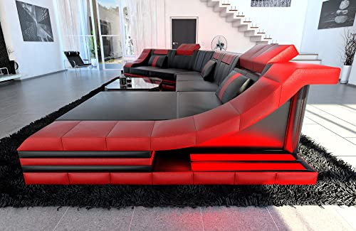 Couch Wohnlandschaft Turino CL Form Sofa in Leder - mit LED Beleuchtung, verstellbare Kopfstützen, Recamiere/Lederfarben wählbar/Ausrichtung wählbar (Ottomane rechts, Schwarz-Rot)