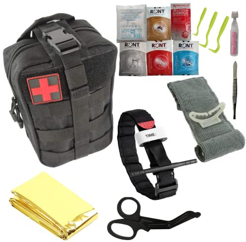 Kit de survie/Trousse de secours militaire+pansement israelien 6+ garrot tourniquet+ciseaux lister+3 tire tiques+couverture de survie à avoir pour sorties en famille, voiture,randonnée,airsoft.