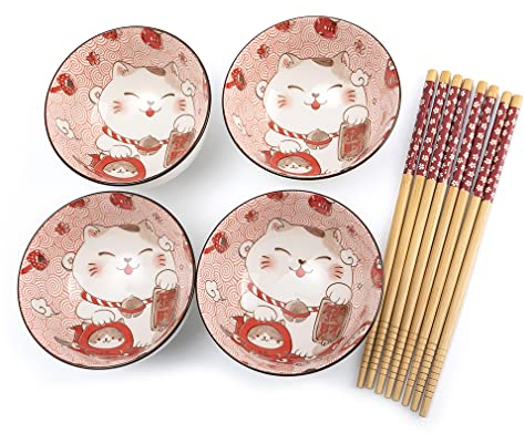lachineuse - Juego de 4 cuencos Maneki Neko - Tazones de arroz, desayuno y sopa - Vajilla japonesa de porcelana - Con palillos - Gato de la suerte - Regalo japonés Kawaii Japón - Blanco & Rojo