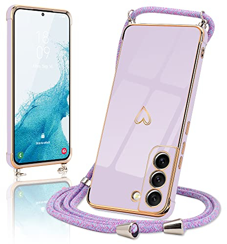 Micoden Handykette kompatibel mit Samsung Galaxy S22 5G hülle Ultra dünn Kameraschutz Herz Love Design Galvanik TPU Silikon Bumper Kordel zum Umhängen Handyhülle mit Band Schutzhülle,Lila