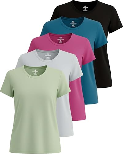 Real Essentials 5er-Pack: Kurzärmeliges Damen-T-Shirt, Workout-Top, Fitness, Pilates, Fitnessstudio, Sportbekleidung (Plus erhältlich)