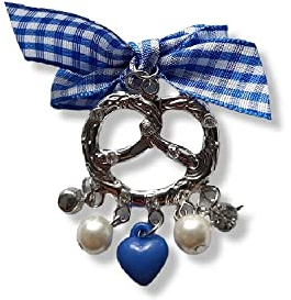 Brosche Anstecknadel Pin Oktoberfest Wiesn Brezel Schleife Perle Strass Herz Blau