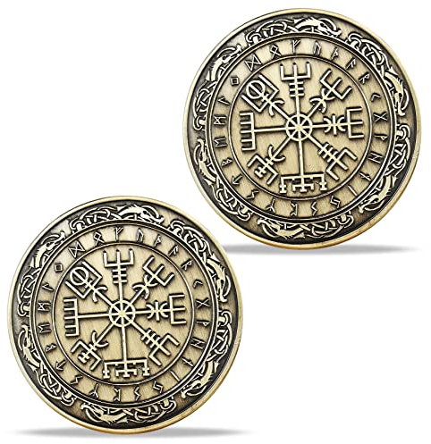 Norse Viking Mjolnir Coin Thor's Hammer Coin Nordischer Mythologie Talisman (Vegvisir Coin (Viking Compass))