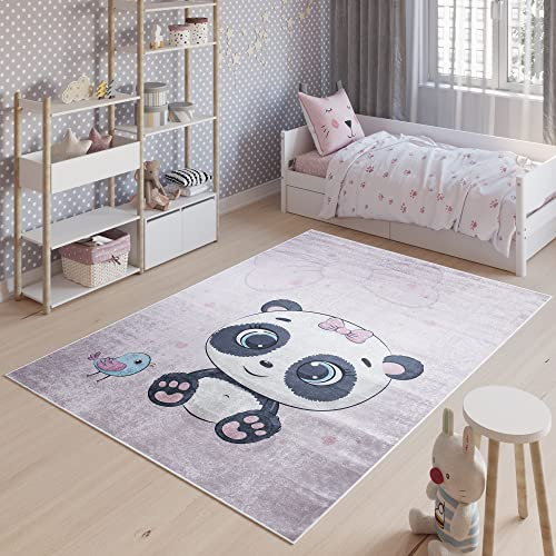TAPISO Emma Kinderteppich Lila Grau Panda Antirutsch 80 x 150 cm | Waschbar bei 30 Grad bedruckter Kinderteppich Kinderzimmer Jugendzimmer Modern OEKO-TEX