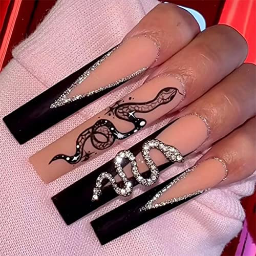 JUSTOTRY 24 Pcs Coffin False Nails Long with Snake,Black French Press on Nails Patterns,Pretty Ballerina Stick on Nail for Women,Acrylic Glitter Fake Nail Medium for Nail Art