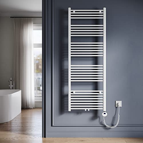SONNI Badheizkörper Elektrisch mit Thermostat 1640x600 mm Weiß Handtuchtrockner Mittelanschluss Oval Handtuchwärmer für Bad Heizung 900W