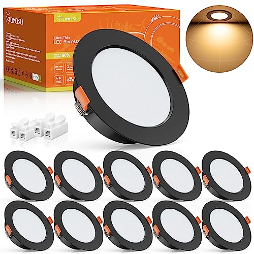 Tomosu LED Einbaustrahler 230V Schwarz, 5W IP44 Spots Deckenleuchte Flach Bad, Rund Ø75-85mm, Einbautiefe 24mm, 450LM LED Spot Warmweiß 2700K-3000K für Badezimmer Wohnzimmer Küche, 10er Set
