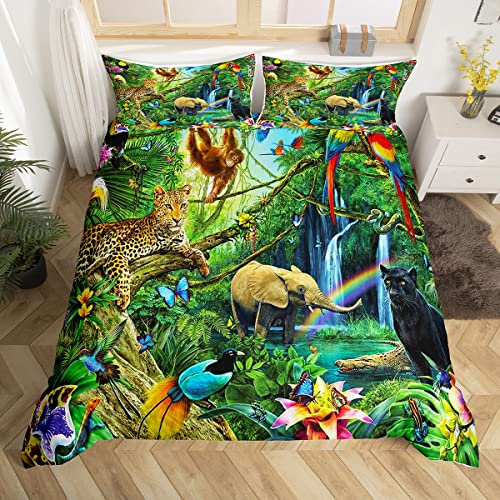 Loussiesd Zoo Tiere Bettwäsche 155x220cm Leopard AFFE Vogel Drucken Bettwäsche Set Schmetterling Schlange Botanische Muster Bettbezug Set für Jungen Mädchen Teens Tier Theme Bettwäsche Jugendliche