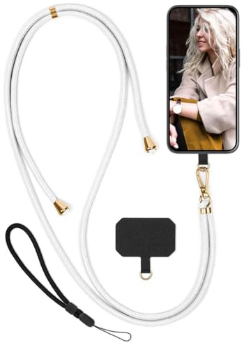 moex Unleash für Asus Zenfone 10 Handyband zum Umhängen ohne Hülle, Handykette Universal mit Karabiner, Handy Band abnehmbar, Kette mit Pad für Handyhülle, Weiß, Gold