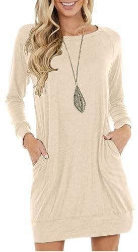 PrinStory Women Jumper Dress Long Sleeve Winter Dresses Casual Loose Mini Dresses Knitted Pullover Sweater Tunic Tops Basic Dress With Side Pockets UK Size 10-12 (VG Beige, M)