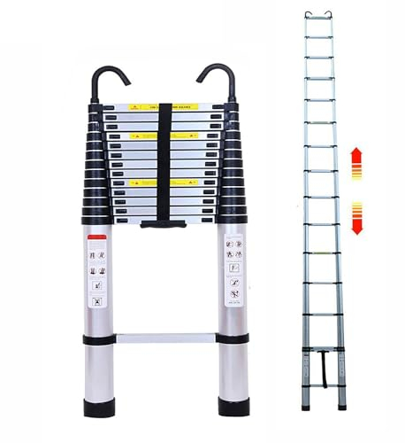 Teleskopleiter 4.4m mit Haken Aluminum Ausziehbare Leiter 15 Stufen Klappleiter, Rutschfester Dachleiter aus hochwertiges Aluminium, Tragbare Ausziehleiter, Max Belastung 150 kg