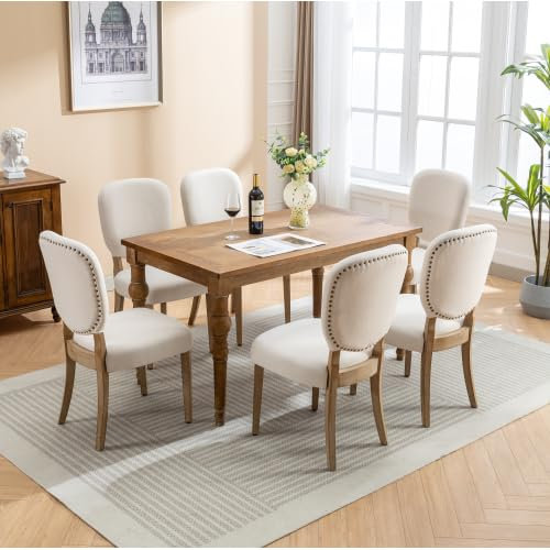 Esszimmerstühle 6er Set,Polsterstühle gepolsterter mit Kupfer Nagel Dekoration Stuhl Rücken, Vintage Esszimmerstuhl,Beine aus Massivholz, Verstellbare Vordersitzbeine, Leinensitze, Creme (6er Set)