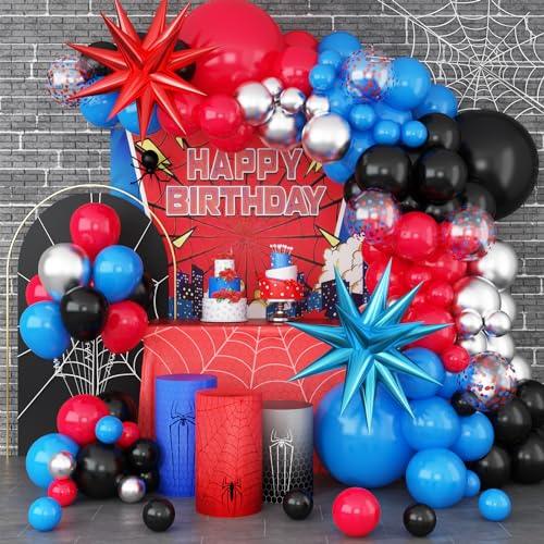 Red Blue Black Balloon Garland Arch, Party Theme Balloon Arch with Red Blue Explosion Star Foil Balloons for Boys Baby Shower Birthday Party Decor