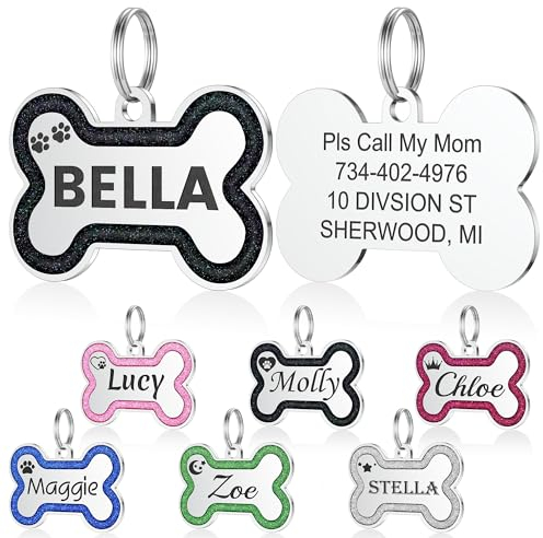 Hundemarke mit Gravur - YEHANTI Personalisierte Anhänger für kleine bis mittelgroße Hunde in Glitzerknochen - Edelstahl Hundemarke Personalisiert mit Name, Telefonnummer und Adresse (Schwarz, Große)
