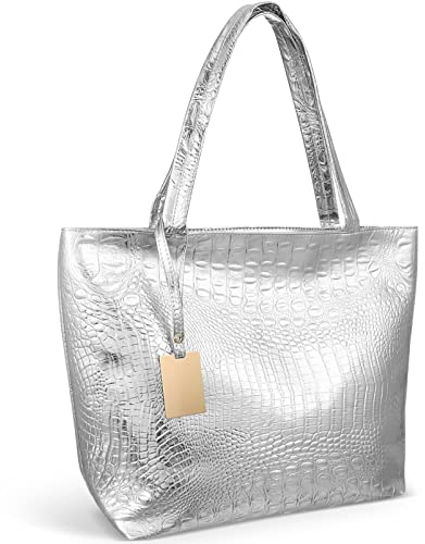 DEARMAMY Einkaufstasche Aus Pu-Leder Mit Großem Fassungsvermögen Modedesigner-Umhängetasche Eimer-Geldbörse Silber 40 X 10 X 30 Cm