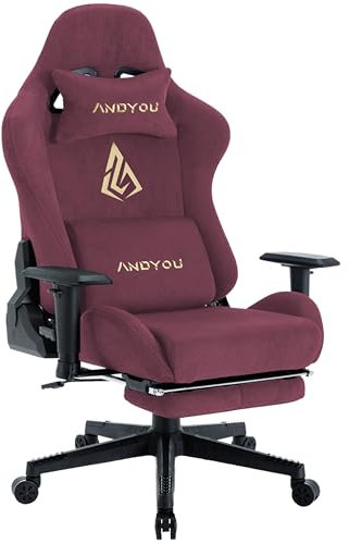 Andyou Silla Gaming, Silla para Videojuegos, Ergonómica Silla de Oficina con Reposapiés, Silla de PC Transpirable con Cojín Lumbar Ajustable, Almohada y Reposabrazos, soporta hasta 150 kg, Rojo