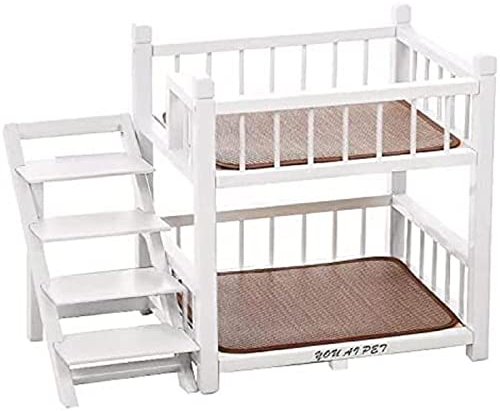 Etagenbett für Kleine und Mittelgroße Hunde Mit Treppe und Erhöhter Sitzstange - Doppellagiger Holzrahmen
