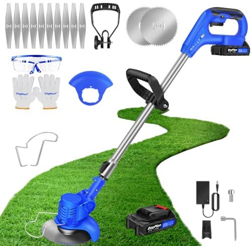 Grass Trimmers 21V Cordless Strimmer Edger Garden Strimmer Electric Metal Blade Strimmer with 1500mAh Batteries And Fast Charger, 12 Blades, Brush Cutter for Gardens and Lawns, Clearing Weed