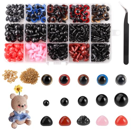NICKLIN Knopfaugen für Häkeltiere,773 Stück Kunststoff Knopfaugen Augen für Häkeltiere Set,5-12mm Bunt Puppenaugen und Nasen,Glitzernde Augen Zum Basteln DIY Puppenaugen mit Unterlegscheiben