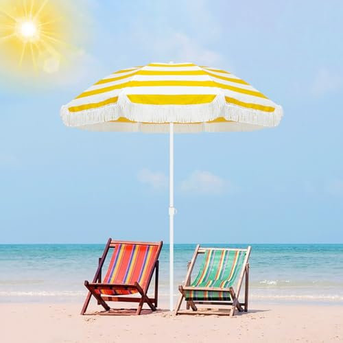 Sonnenschirm Strand 1,8 m Strandschirm, gelb gestreift, LSF 50+, Terrassenschirm mit Fransen, tragbarer Marktschirm mit Neigung, Außenschirm, wasserdichter Poolschirm, höhenverstellbar für den Urlaub