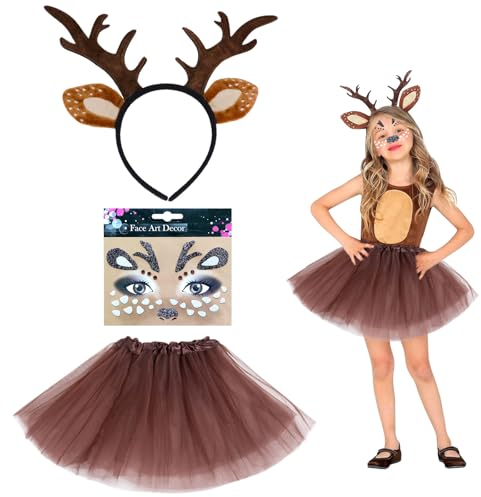UILYNIU 3 Stück Kostüm Rentier Stirnband Mädchen Tierkostüm Kinder mit Rentier Haarreif mit Ohren Gesichtstattoo Tutu, Hörner Hirschohren für Karneval Halloween Kostüm Tier Ohren Weihnachten (3PCS)