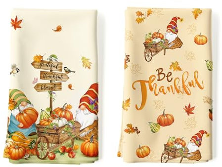 Arquiel Lot de 2 Torchons de Cuisine Automne GNOME Décoratif Essuie Main Absorbante 100% Coton Torchon Vaisselle Saisonnier Cadeaux pour Crémaillère et Cuisine 48 cm x 70 cm