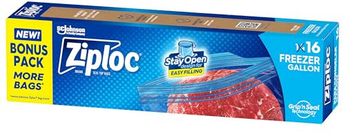 Ziploc Gallon Food Storage Freezer Bags, Stay Open Design with Stand-Up Bottom, Easy to Fill, 16 Bags Total