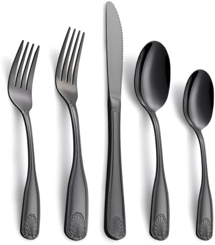 Deeny Jarte 20-teiliges schwarzes Besteck-Set, Edelstahl-Besteck für 4 Personen, Besteck mit Muschel-Design, spiegelpoliert und spülmaschinenfest, inkl. Gabeln, Löffel und Messer