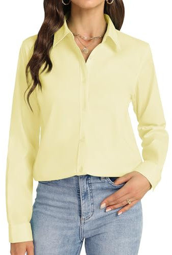 J.VER Womens Blouse Long Sleeve Fashion Wrinkle Free Formal Button Down Shirt Solid Work Business Work Office Ladies Tops Yellow XL