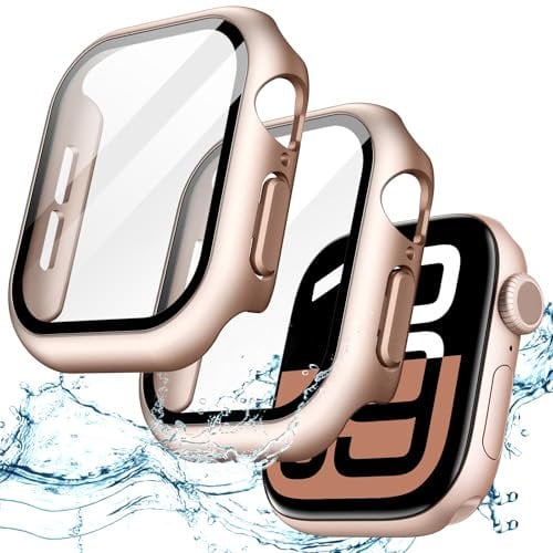 JETech Coque Étanche avec Protection D'écran pour Apple Watch Series 10 42mm, Film en Verre Trempé Intégré, Étui Housse de Protecteur Complète en PC Dur, Lot de 2 (Or Rose)