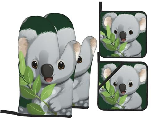 Koala Eat Leaf - Guanti da forno resistenti al calore, 4 pezzi, resistenti al calore, per cucinare, cuocere al forno, grigliare
