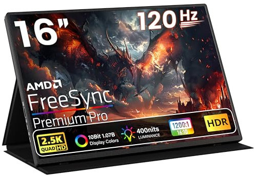 Upperizon Monitor portatile da gioco da 16 pollici QHD 2.5K 2560X1600 16:10 120Hz sincronizzazione gratuita 100% Srgb 10 bit 400 Nits schermo da viaggio per MacBook, laptop, PC, console di gioco