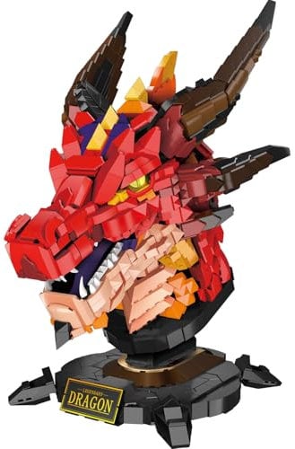 Brihappen Drachenkopf Bausteine Set für Erwachsene, Roter Drache Klemmbausteine Spielzeug für Büro Heim Kunst Dekor, Geschenk für Erwachsener Jugendliche（2713 Stück）