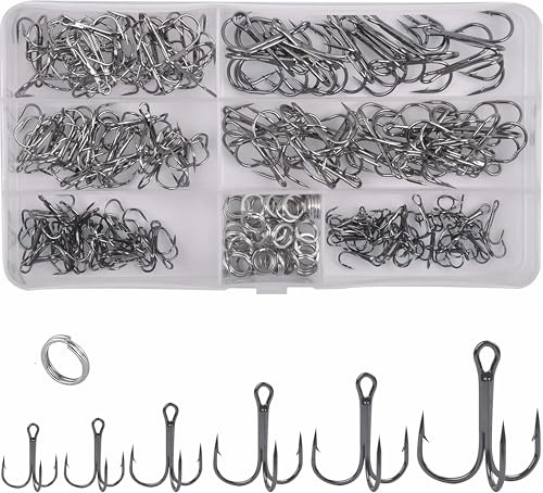 Fishing Treble Hooks Kit, 180pcs Sharp Round Bend Treble Hooks High Carbon Steel Fishing Hooks Strong Barbed Fish Hooks with Split Rings for Fishing Lures Baits Freshwater Saltwater