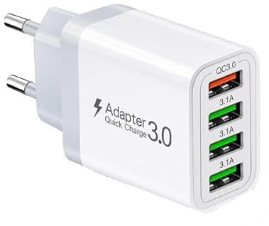 Pack 2 Cargador USB de Pared Multipuerto 4 Puertos con Carga Rápida Quick Charge 3.0, Ideal para Carga Eficiente de Dispositivos Móviles.