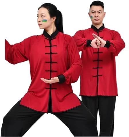 ZWCSHUU Traje Tradicional de Uniforme de Tai Chi Kung Fu, Ropa de Wushu, Traje de Ejercicio cómodo Unisex de Manga Larga/Corta Tai Chi Traje(Red Long 2,XXL)