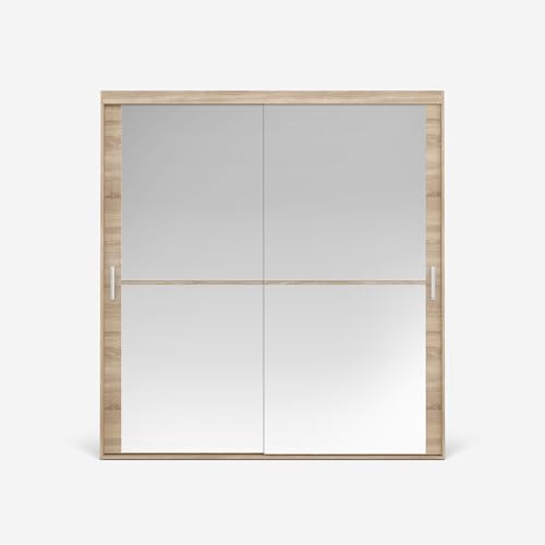 VIKK - Kleiderschrank - Garderobenschrank mit Spiegel - 130x60x205cm - Schrank mit Schiebetüren, 2 Kleiderstangen, Schrank nach Bestelleingang gefertigt, MOI Eiche Sonoma, Innenausstattung Regular