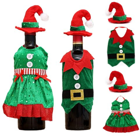 FOSDICK 2Pieces Christmas Wine Bottle Cover, Christmas Bottle Cover Green Aprons, Red Wine bottle Covers, Xmas Jumpers for Whiskey, Spirits, Champagne, Xmas Table Decorations for Hotel,Restaurant,Home