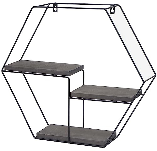 BERLINLODGE Wandregal sechseckig HxBxT 43x49x11cm 3 Regalböden Metall Massiv-Holz Industrial Dunkelgrau Hängeregal Schweberegal Regal schwebend Küche Wohnzimmer Schlafzimmer Deko Büro einfache Montage