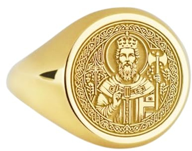 925 Sterling Silber Saint Loaf Of Norway | Vergoldeter Ring | Runde Form 14x14mm Siegelringe | Bandgröße US 5-12,5 Avelaibal |LKDR_0203