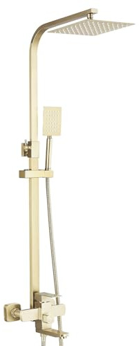 LLFFSSDG Columna de Ducha Dorada sin Grifo Altura Ajustable con Diversor de Latón y Cabezales Cuadrados 20x20cm Compatible con Orificios Existentes e Instalación Rápida