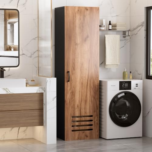 MSFE Armario Escobero Multiusos,40 cm de Ancho,con Estantes y Barra,Ventilación,Estrecho,Armario para Escobas Madera para Productos de Limpieza,Escobas y Aspiradora,160 * 40 * 30CM,Negro y Roble