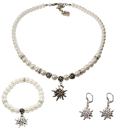 Alpenflüstern Trachtenschmuck-Set Perlen-Trachtenkette, Armband und Ohrhänger Strass-Edelweiß - Damen-Trachten-Schmuck, Trachtenset Dirndl-Kette, Armkette, Ohrringe Creme-weiß SET024