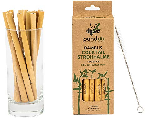 pandoo Lot de 12 pailles à cocktail en 100 % bambou avec brosse de nettoyage | Pailles réutilisables et respectueuses de l'environnement | 100 % biodégradables