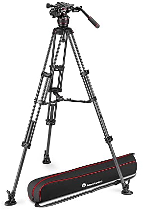 Manfrotto MVK608TWINMC Nitrotech 608 Fluid-Videokopf für Videoaufnahmen mit Doppelrohr-Stativ aus Carbon mit Mittelspinne für DSLRs, Spiegellose, Video- und Cinema-Kamerasysteme, 14 kg Traglast