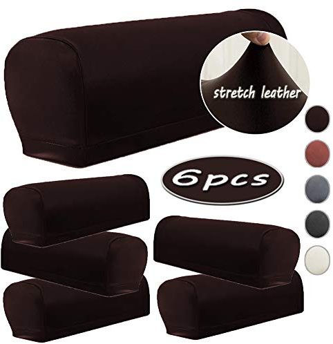 Ezoon Leder-Sofa-Armlehnen-Bezug-Set, 6 Stück, Armlehnen-Bezüge, Schutz, PU, quadratisch, breit, Sessel, Liegestuhl, Liegestuhl, Liegestuhl, Katzen-Möbelkappe, Schonbezug, 6 Stück, braun