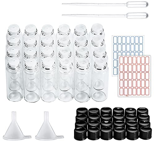 LUCKNIGHT 24 Pièces Flacon Transparent 5 ml Fiole en Glass, Mini Fiole en Verre, Flacons à éChantillons en Verre avec Bouchon à Vis, pour le Remplissage d'Huiles Essentielles, de Parfums et d'Essences